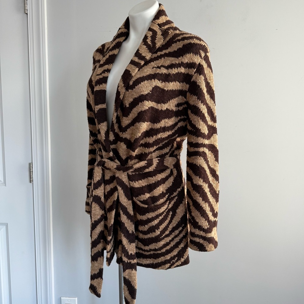 Lauren Ralph Lauren Zebra Print Linen Cotton Belt Cardigan Hand Knit Coatigan M - Picture 6 of 16